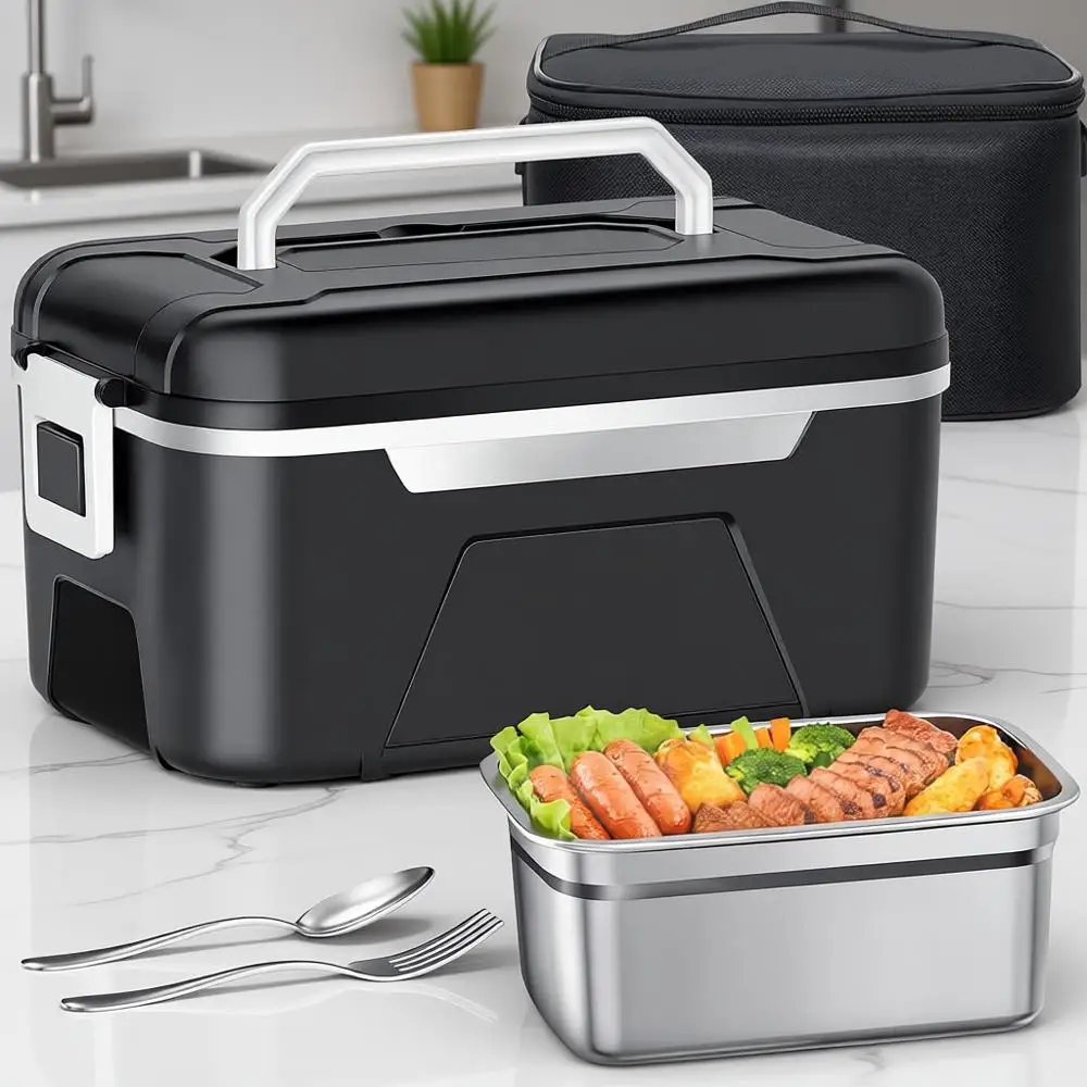 

1.5L Rechargeable Electric Lunch Box with Scheduled Heating, Automatic Heating, Portable Food Warmer, Insulated Bag (Black)