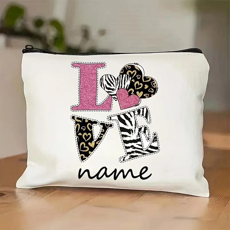 Creative Fashion Heart Shaped Print Makeup Bag Personalized Name Text Thank You Storage Pouch for Travel Zipper Organizer Bag