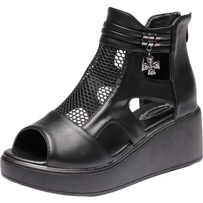 

Женские весенне-летние сетчатые ботинки с открытым носком, большие размеры, крутые ботинки на толстой подошве, нескользящие ботильоны с открытым каблуком, босоножки на танкетке