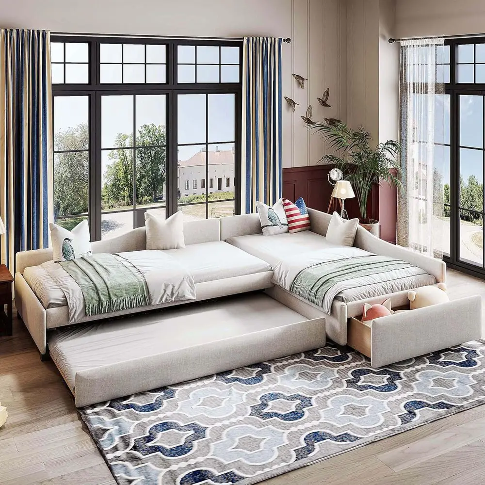 Double Twin Size Daybed with Trundle, Storage Drawer, L Shaped Corner Bed, Upholstered Sofabed, 3 Beds in One Design, No Box Spr