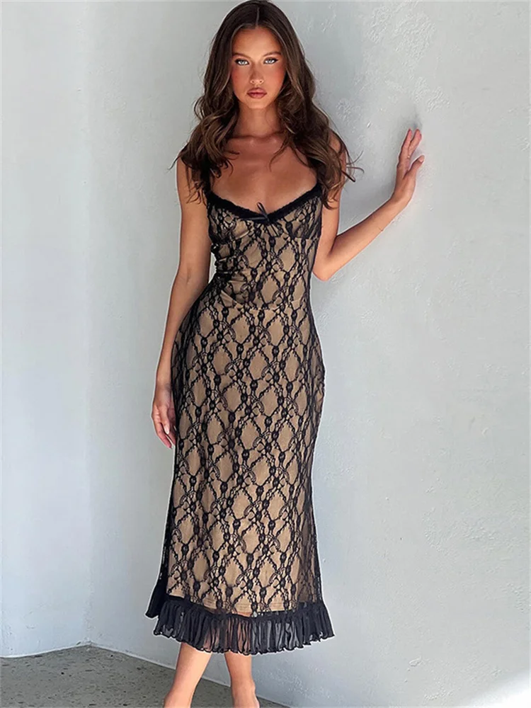 Tossy Printed Lace Backless Long Dress Female Spaghetti Ruffled Patchwork Slim See-Through Party Dress Lace-Up Maxi Dress Women