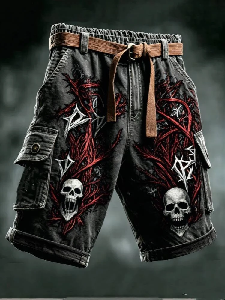 Mens Cargo Shorts Dark Gothic Skull Print Loose Fit Streetwear Denim Shorts with Belt