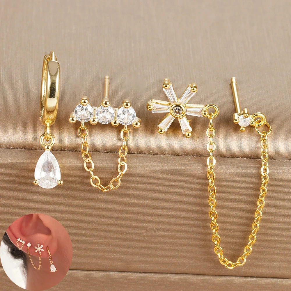 3PCS Fashion Crystal Water Drop Pendant Hoop Earrings Set for Women Double Helix Tassel Chain Ear Stud Earring Piercing Jewelry