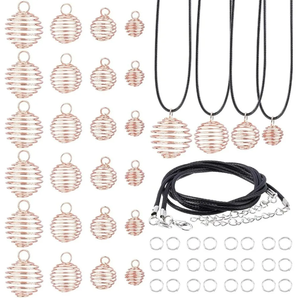 24pcs 4 Sizes Spiral Bead Cages Pendants Stone Holder Necklace Cage 24 Strands 17 Inch Black Leather Necklace Cord 50pcs 6mm