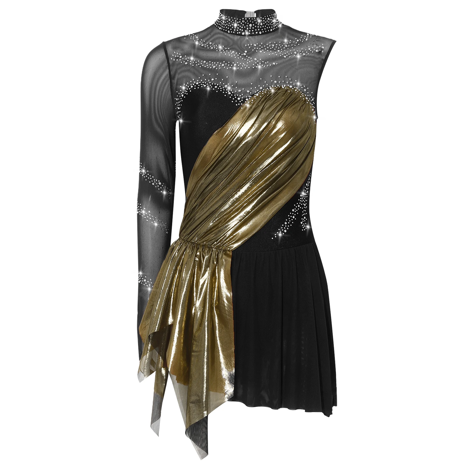Figure Skating Performance Costume Adult Metallic Ruched Mesh Dress for Ballroom Lyrical Dance-wear Ballet Gymnastics Leotards