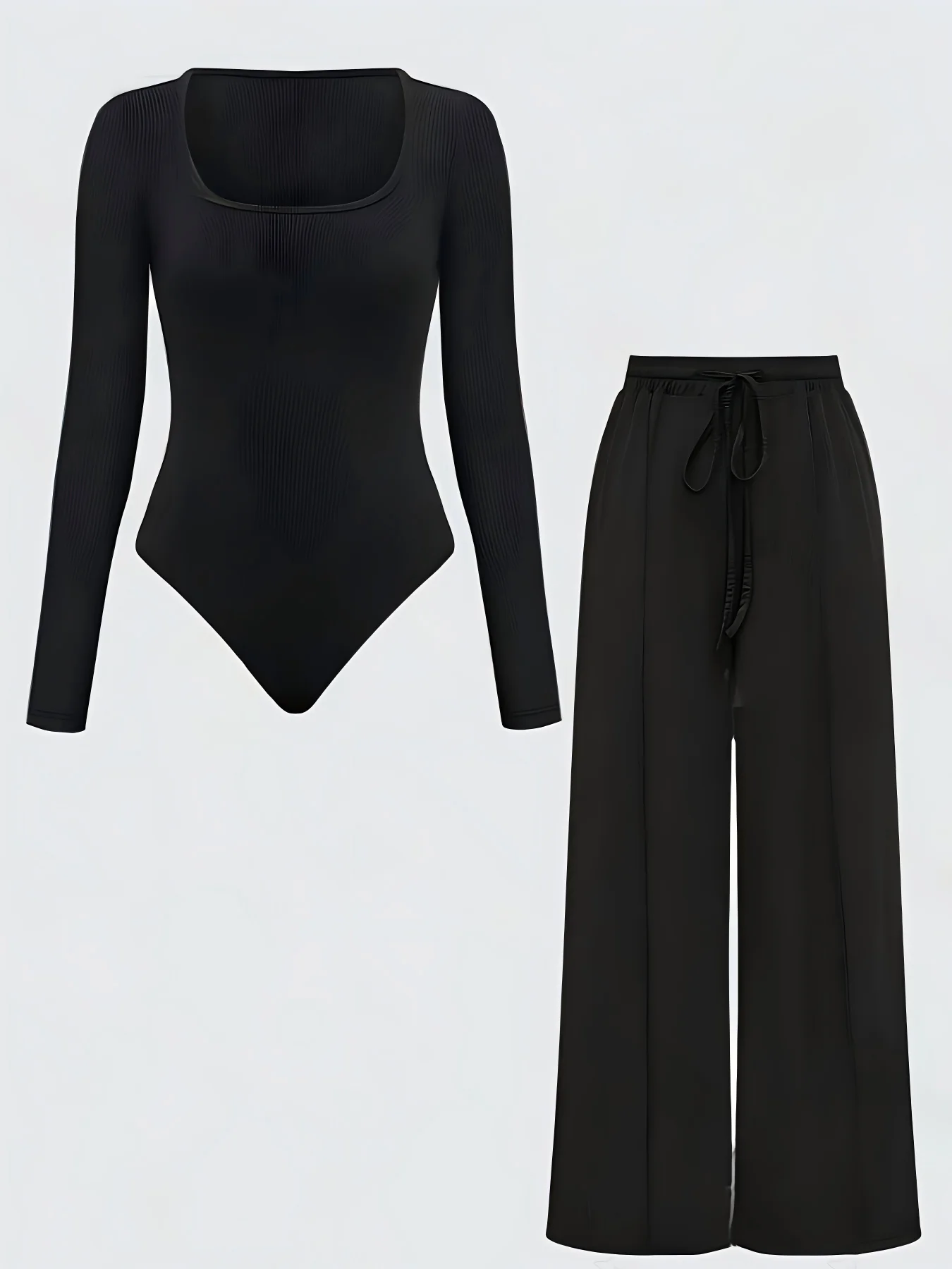 Completo da donna taglie forti: Body nero a costine a maniche lunghe + Pantaloni a gamba larga (0XL-4XL)