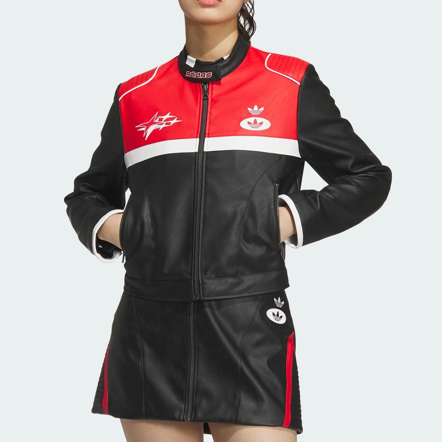 Adidas genuine clover women's faux leather sports motorcycle racing suit JM8023
