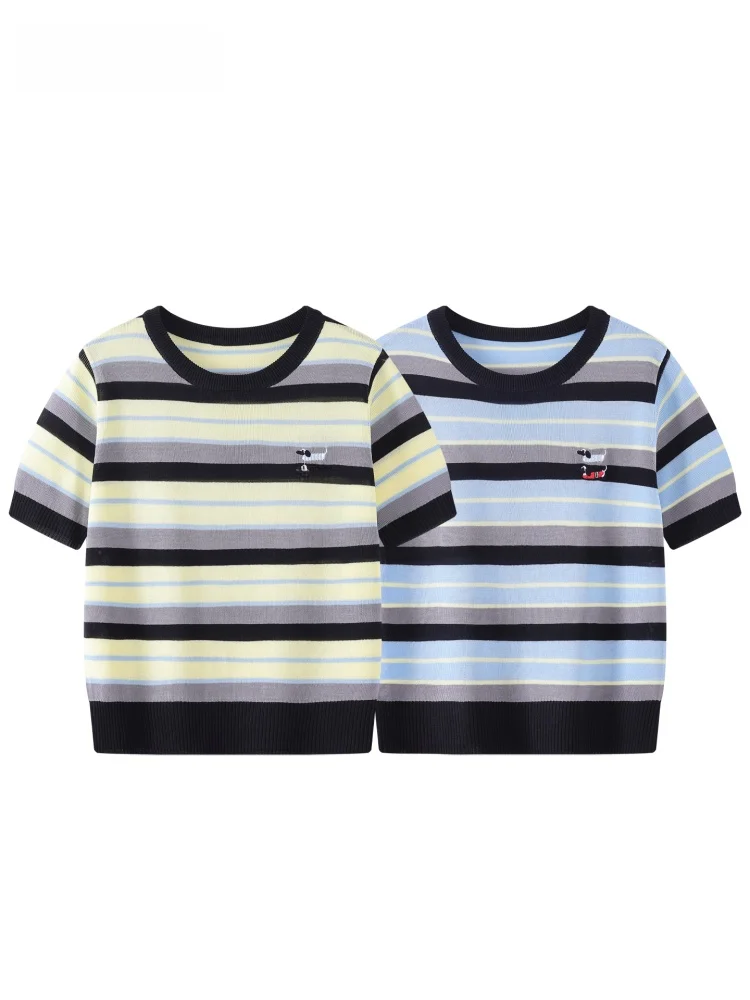 

JZZDEMM Laisel Lyocell Stripe Dog Embroidery Thin Summer Knitted ort Sve T-irt Women's Retro Commute Sle Slim Fit Top