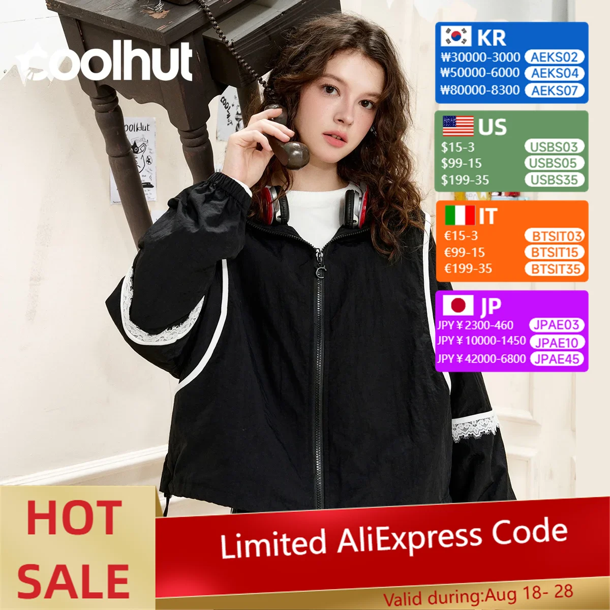 

COOLHUT 2025 Women's Lace Patchwork Hooded Jacket Winter Coat Windbreaker Casual Outerwear Streetwear Fashion Bomber Jacket