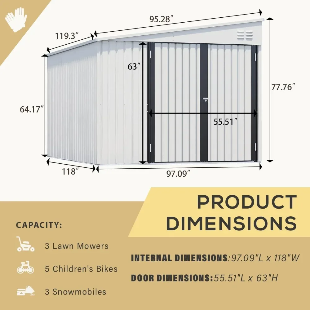 Shed Lean to Storage Shed, Large Outdoor 8' x 10Metal Wall Side Bike Shed & Outdoor Storage, Garden Storage Cabinet for Backayrd