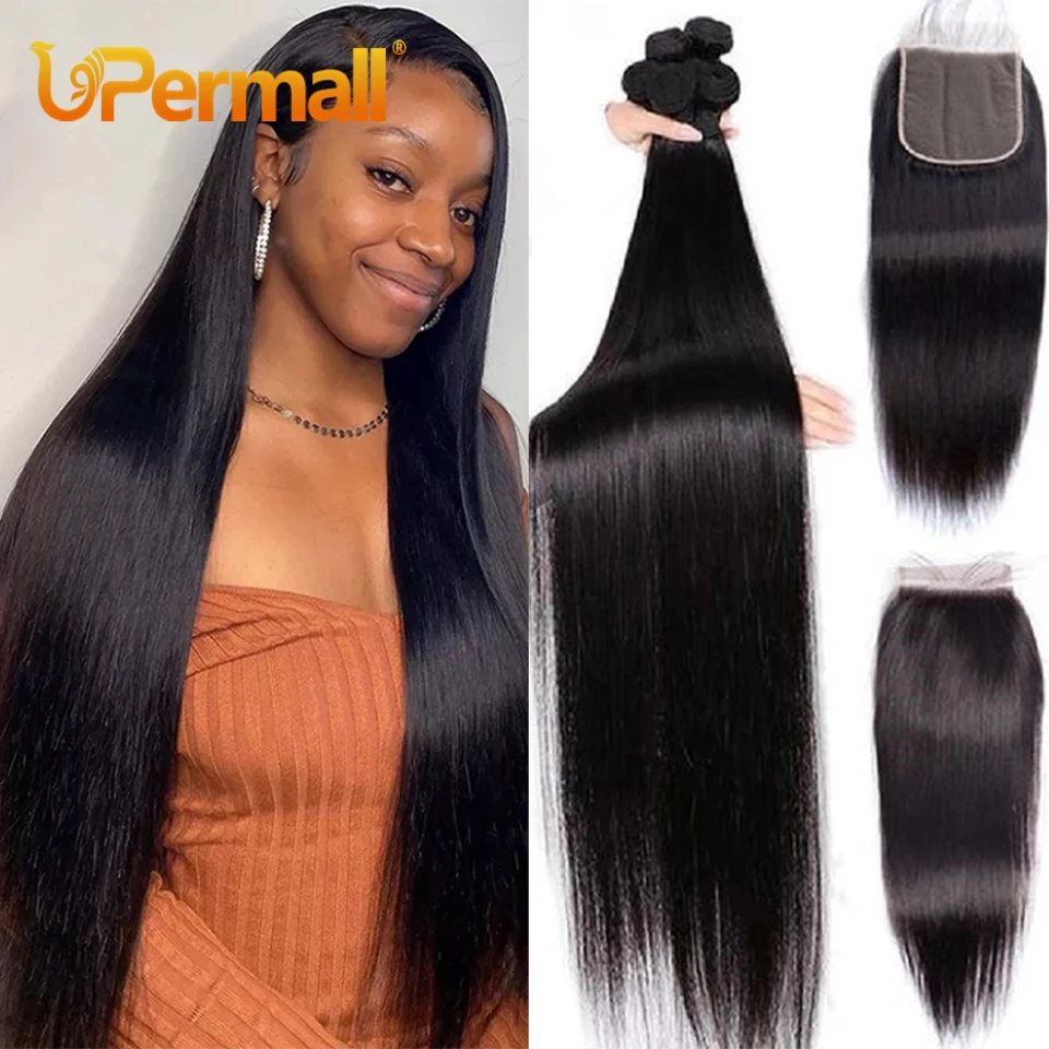 Upermall 3/4 Remy Straight Human Hair Bundles With Closure Brazilian 9A HD Transparent 4x4 Lace Closure and Bundle Natural Black