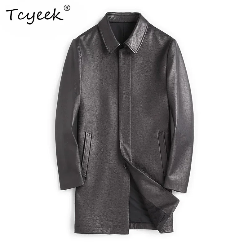 Tcyeek Natural Deerskin Real Leather Jacket Men Business Casual Mens Coats Spring Autumn Clothes Mid-long Slim Fit Trendy جواكيت