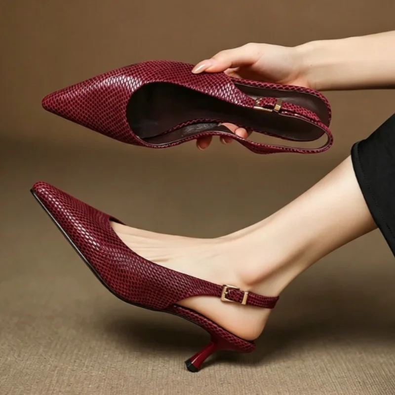 Burgundy Genuine Leather Kitten Heel Sandals for Women Fashion Snake Print Metal Buckle Slingback Heels Elegant Party Dress Shoe