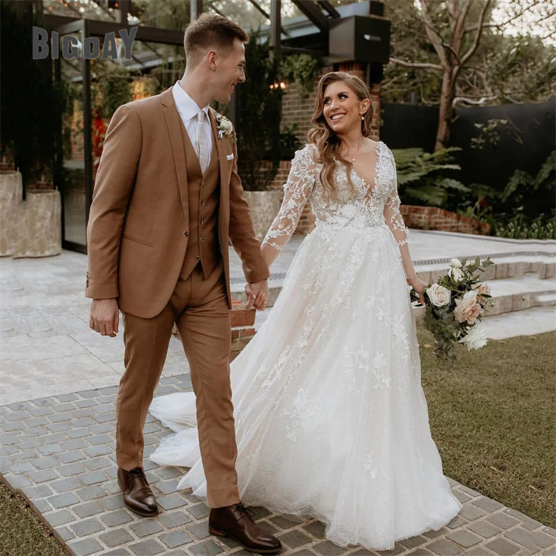 Vestidos De novia elegantes De línea A, vestido De novia blanco De talla grande, encaje con cuello en V, manga larga, tul, espalda abierta, tren De