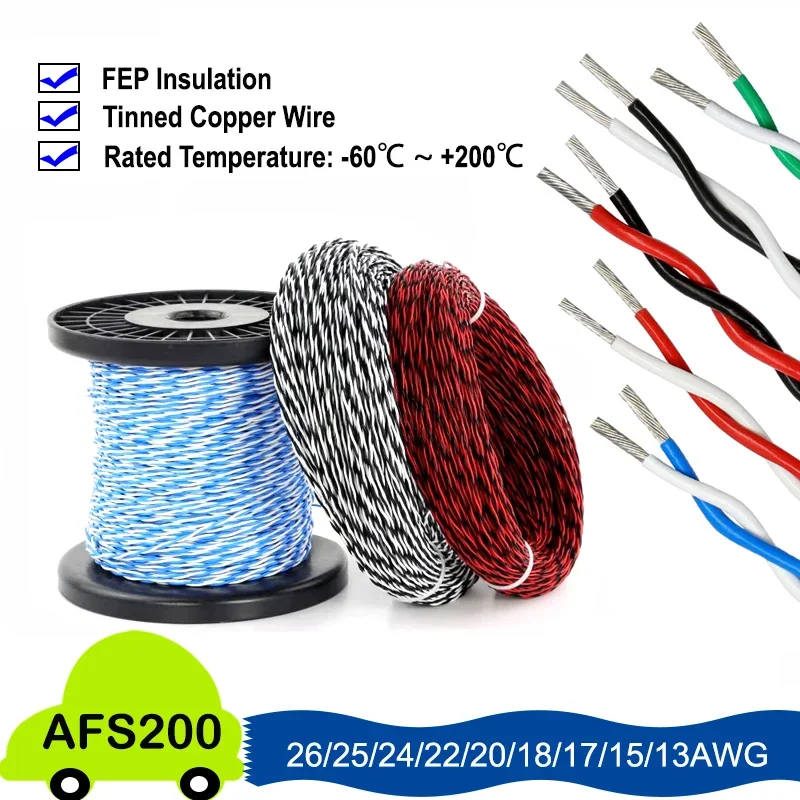 1~20m AFS200 PTFE 2pin Wire 26/25/24/22/20/18/17/15/13AWG FEP Twisted Pair Tinned Copper High Temperature Electronic Cable