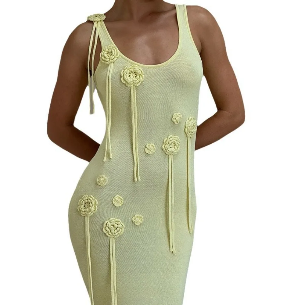 Fashion 3D Flower Summer Beach Dress Sleeveless Long Backless Halter Slim Vacation Bikini Sunscreen Smock for Women