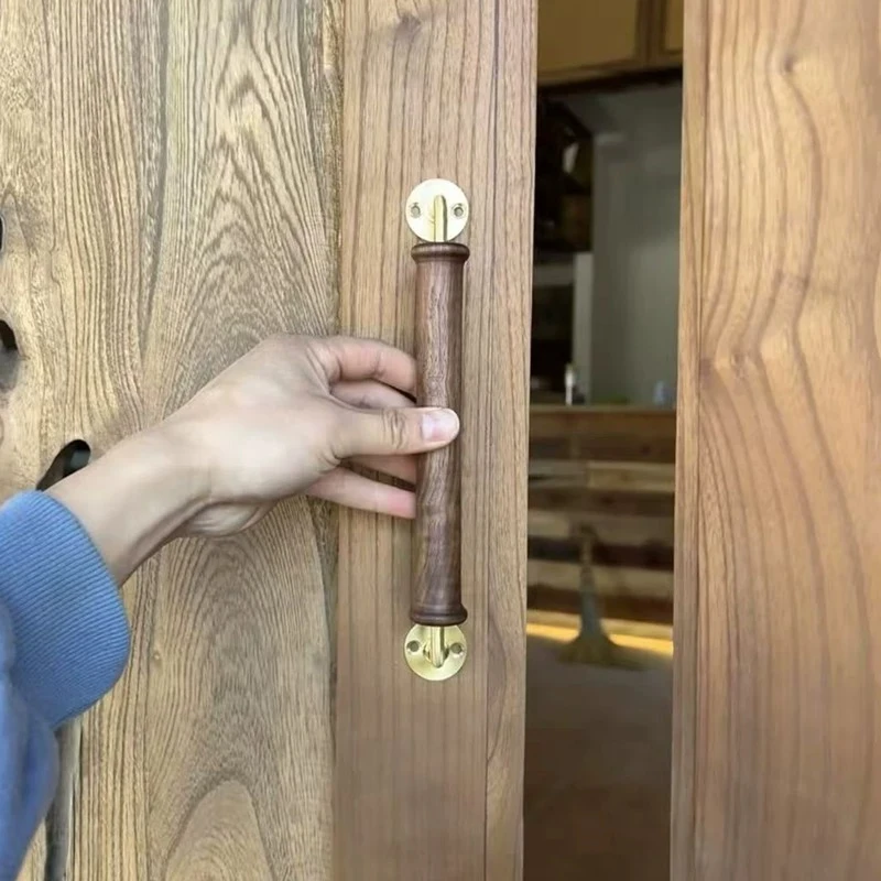 North American Walnut Brass Door Handle, Vintage Barn Double Pull, Antique Rustic Hardware for Cafe, Wood Grain Entrance Grip