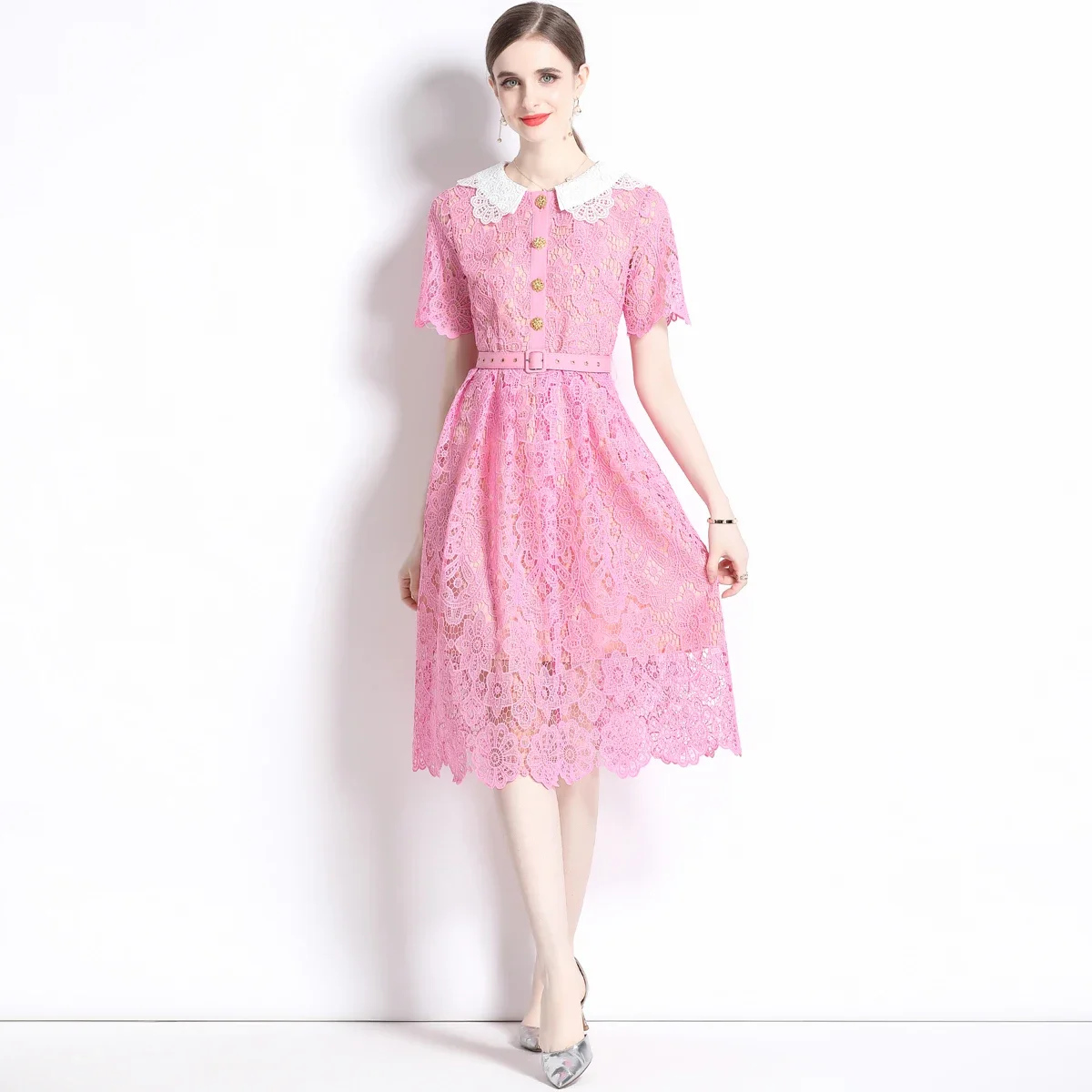 

Floral Heavy Embroidery Hollow Lace Skirt Lace Skirtcollar Short Sleeve Waist Slimming Pink Dress Vestidos De Tricô Femenino