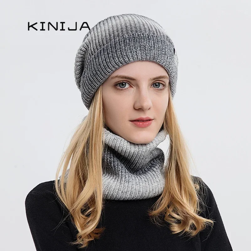 Women Winter Hat Gradient Striped Ski Hat Neck Warmer Female Tie Dye Beanie Russia Outdoor Thicken Plush Hat+Scarf Set