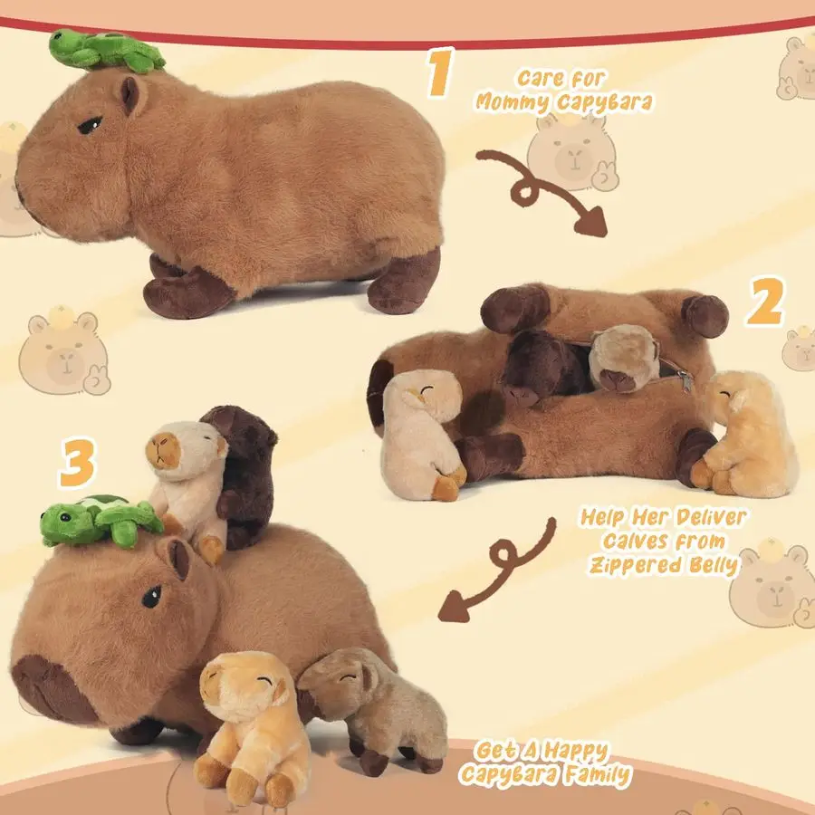1 Capibara Pluche, 14,2 inch Capibara Knuffeldier met Baby's in Mama's Knuffel Capibara Pluche Kussen Speelgoed met 4 B