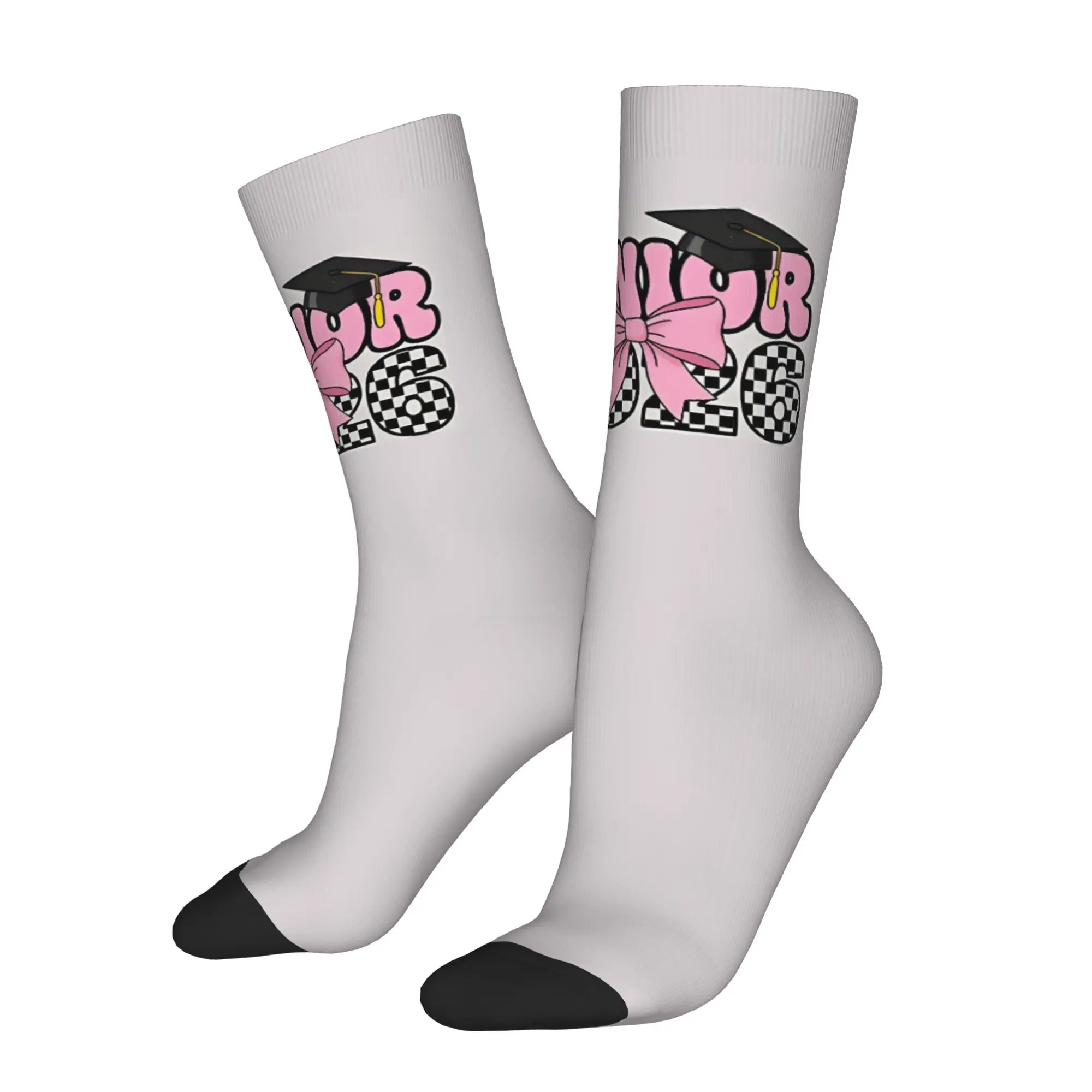 Funny Sock Graduation in 2026 Pink Bow Coquette Aesthetic Preppy Rock Seamless Pattern  Men Crew Socks Novelty Men's Socks