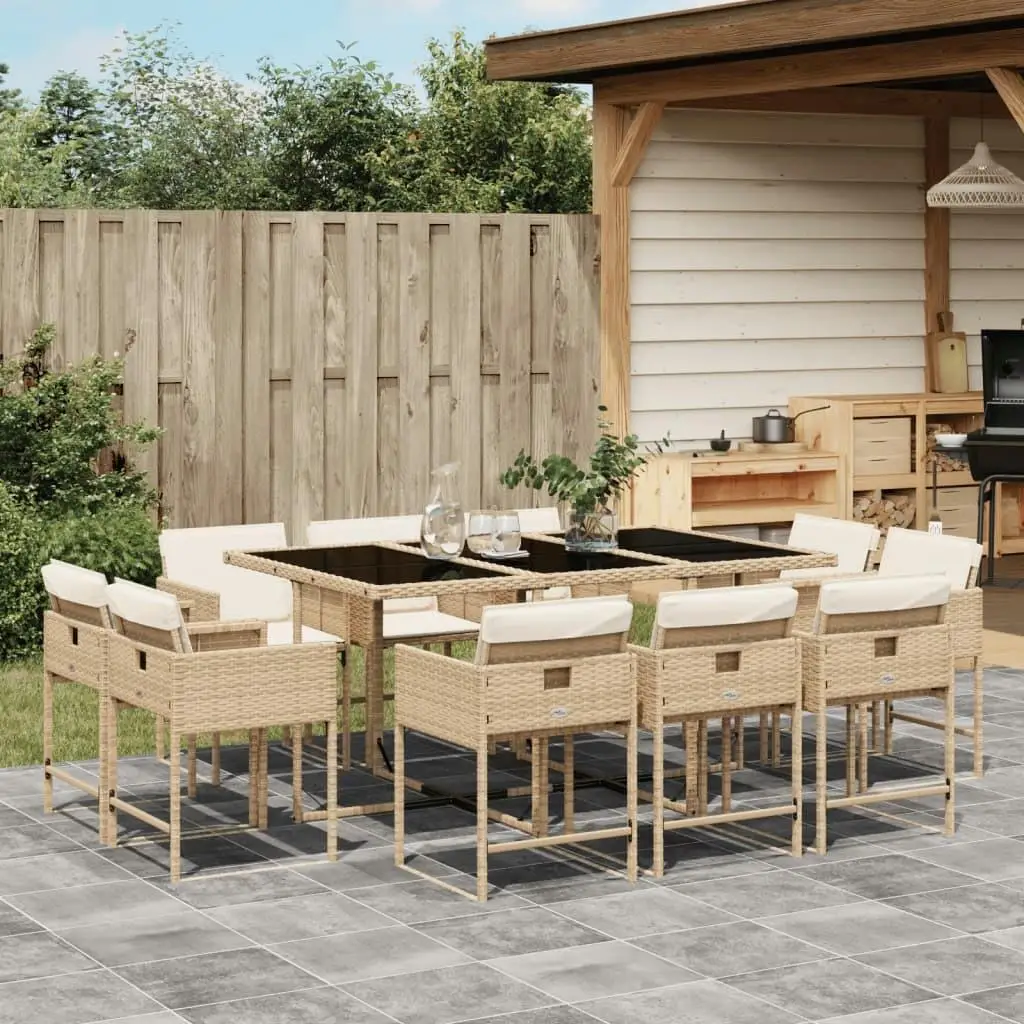 11-Piece Beige Poly Rattan Patio Dining Set with Cushions - Stylish Outdoor Furniture