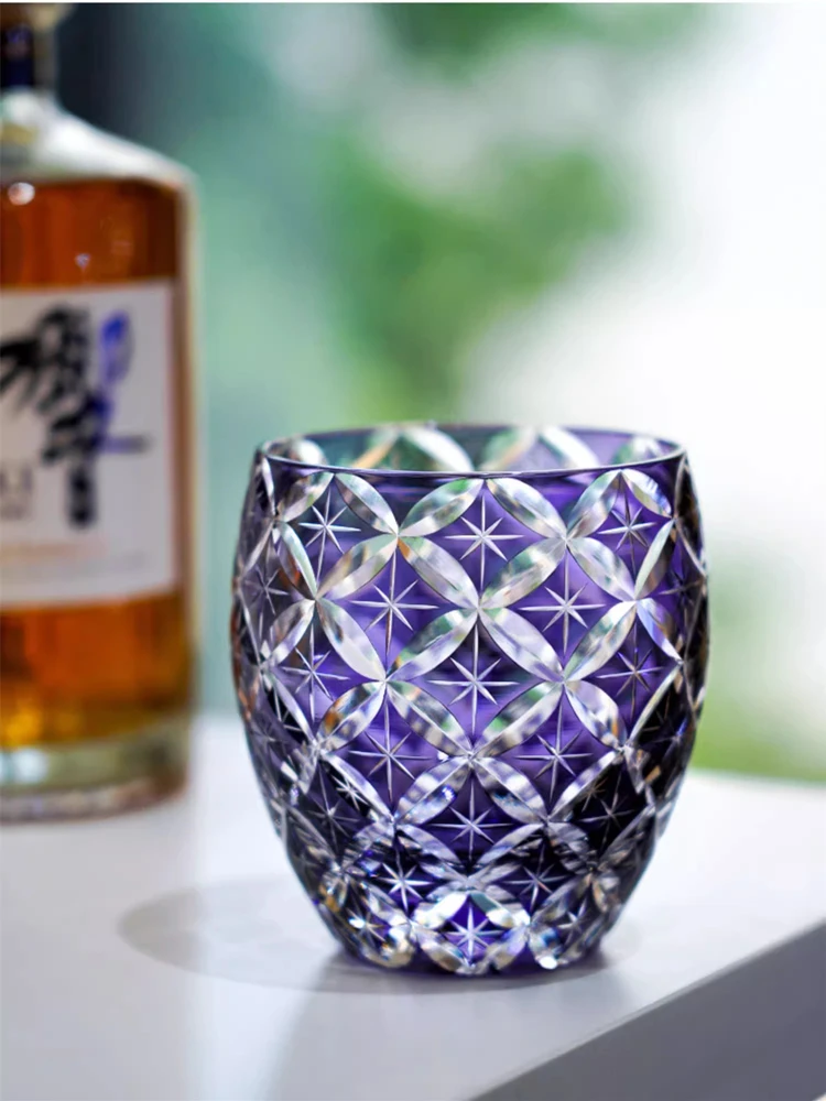 

Violet Edo Kiriko Hand Cut Crystal Whiskey Glass Seven Treasure Pattern Wine Drinking Cup Brandy Whisky Snifter Wood Gift Box