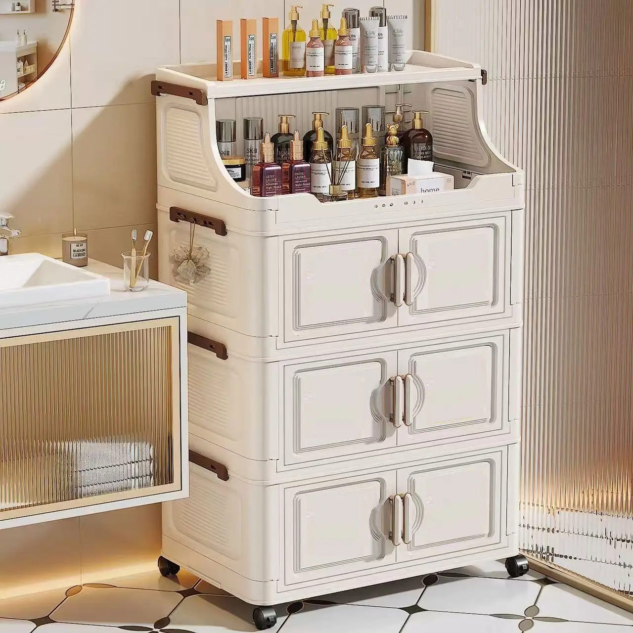 

Baby Feeding Station Storage Cart – Multilayer Floor Standing Organizer for Snacks & Baby Items, Movable Nursery Shelf Rack for