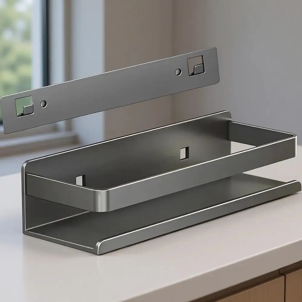 

Wall Mounted Floating Shelves - No Drill, Adhesive or Screw, Rustproof Organizer for Bathroom & Kitchen, Detachable Metal Rack,
