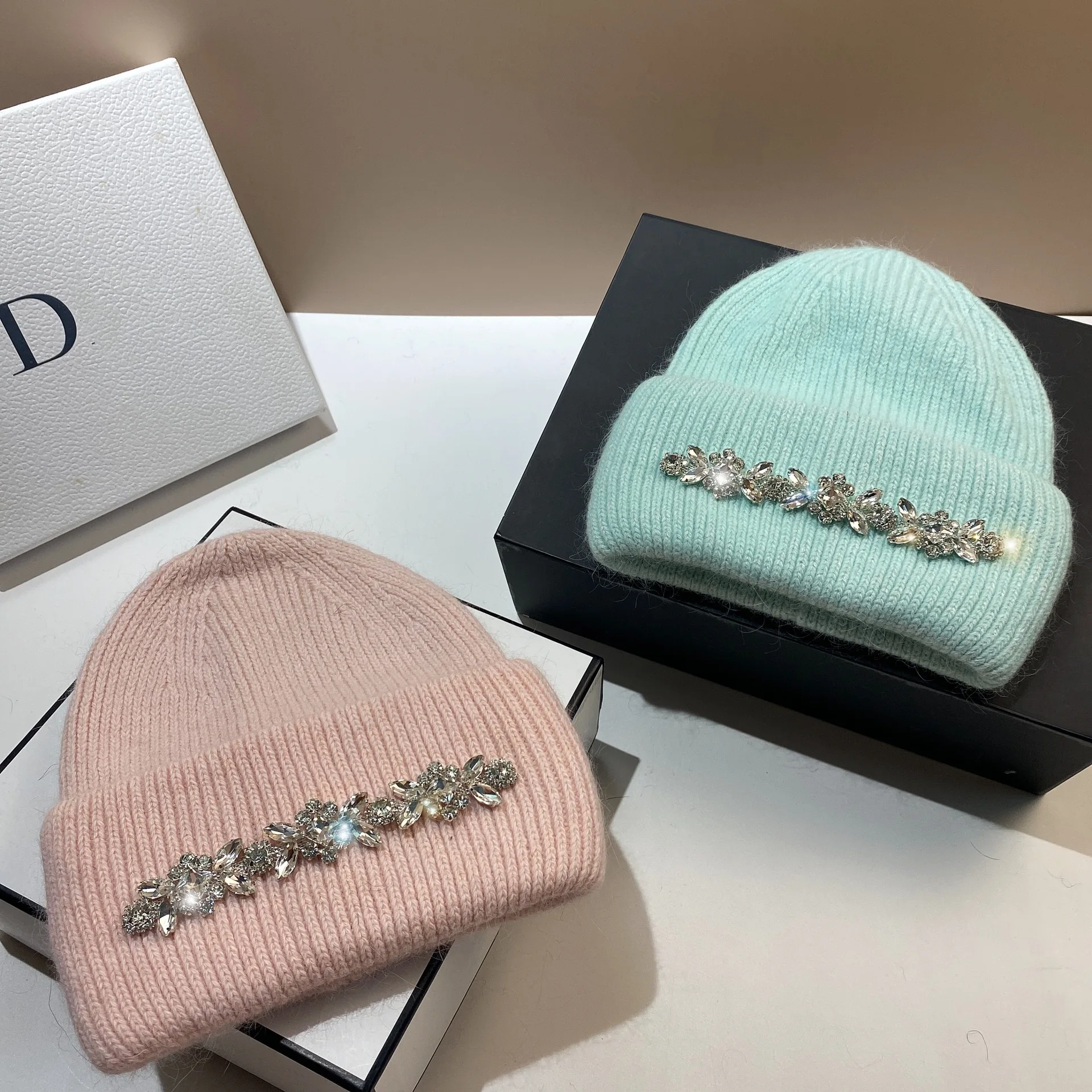 Luxury Rhinstone Real Rabbit Fur Knitted Hat Winter Warm Wool Skullies Beanies Outdoor Ear Protection Female Walking Bonnet