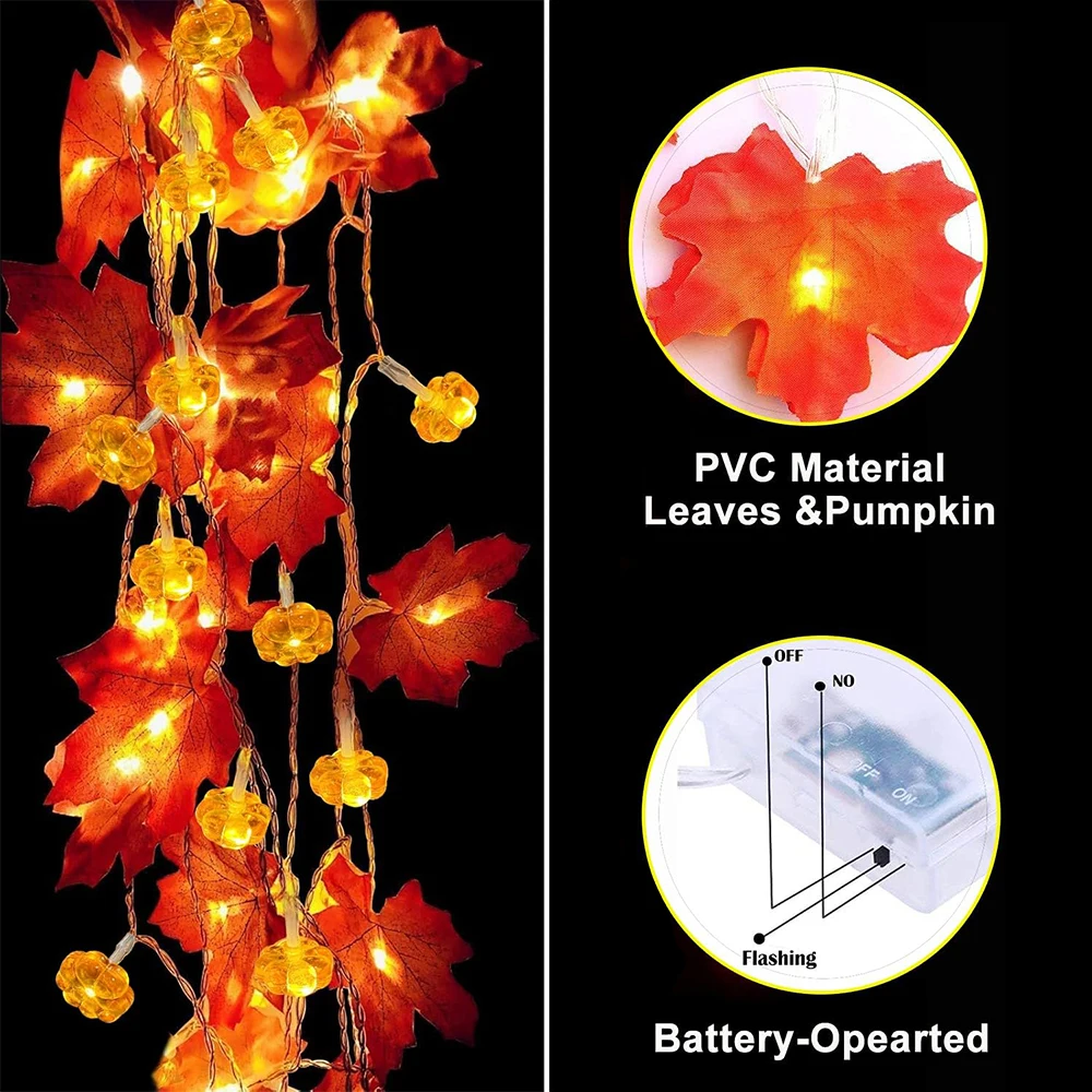 Kürbis-Ahornblatt-Lichterkette, künstliche Herbstblätter, LED-Lichterkette, Herbstdekoration für Zuhause, Party, Halloween, Thanksgiving – Detail 10