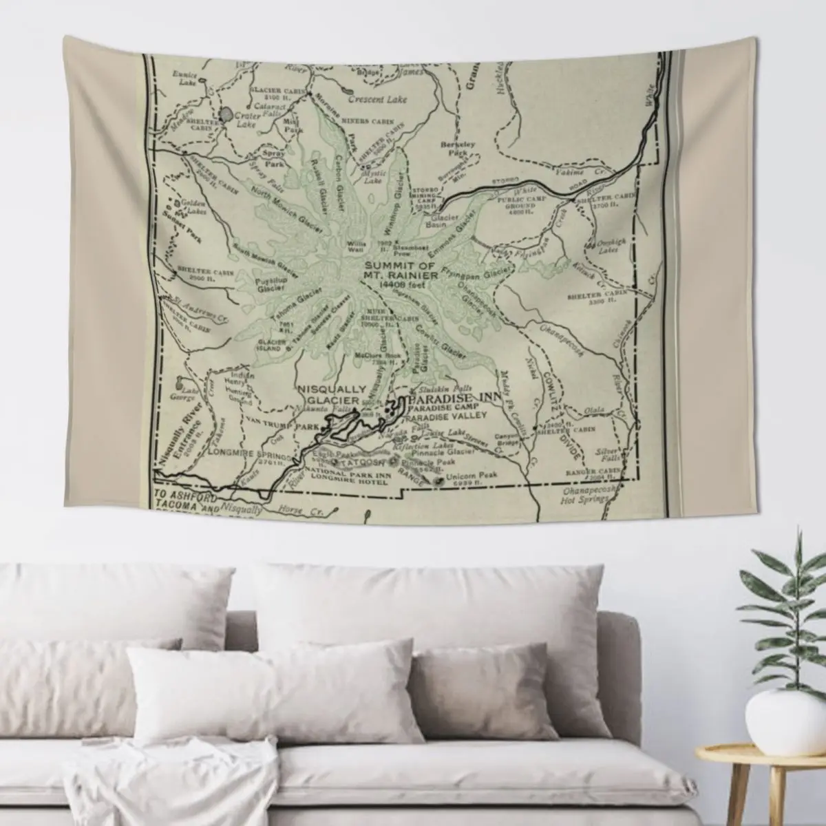 Vintage Mount Rainier National Park Map (1919) Tapestry Aesthetics For Room Wall Decoration Items Tapestry