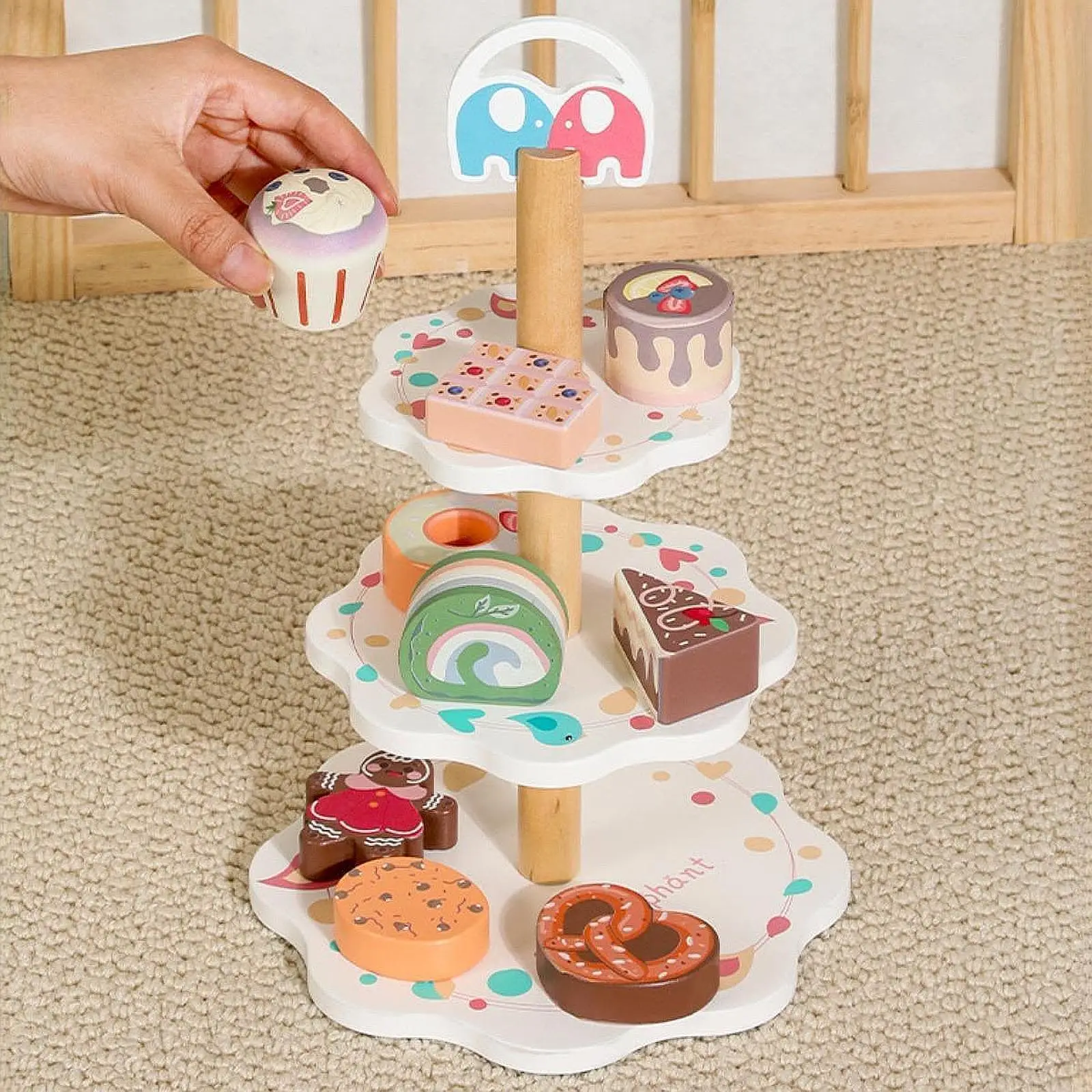 Wooden Dessert Stand Playset Kitchen Accessories for Little Girls Children