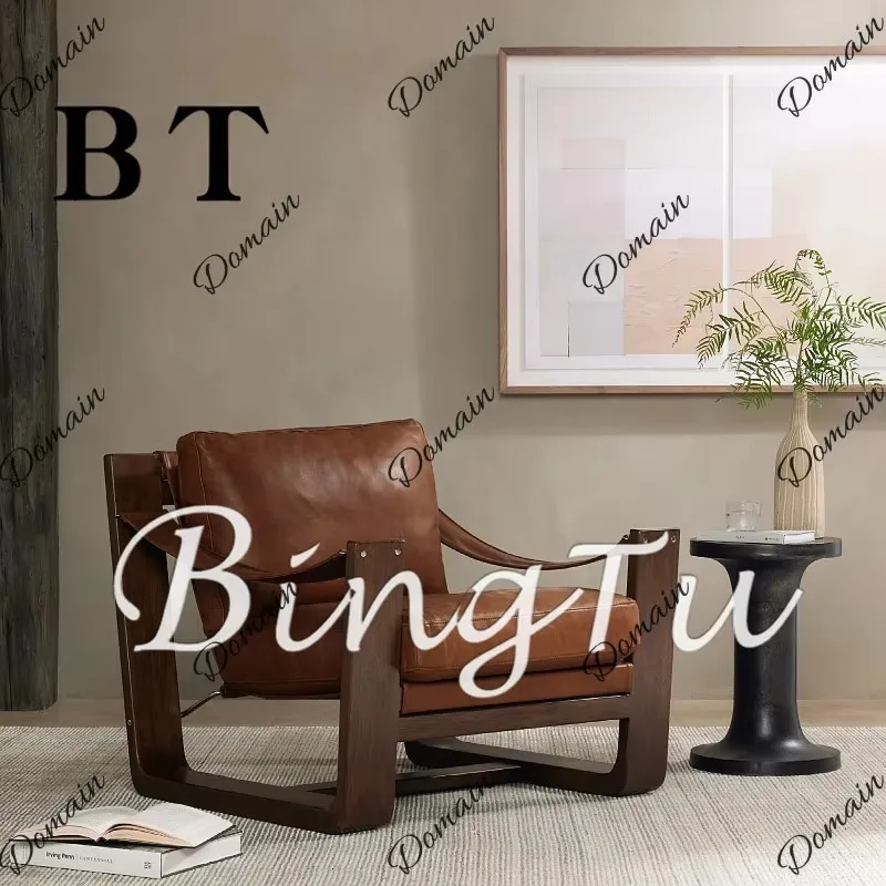 Nordic Saddle Leather Single Sofa Chair Vintage Lounge Chair Designer Creative Living Room Balcony Reading Armchair