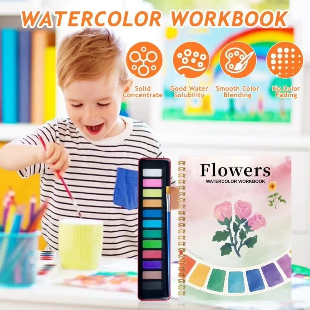 

Beginner-Friendly Watercolor Workbook With 12Color Paint Set with Paint Brush Watercolor Paint Book Art Crafts Painting Supplies