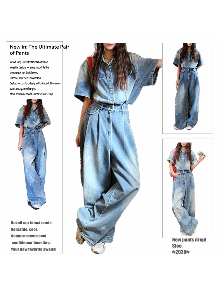 

Синий джинсовый комбинезон для женщин: повседневный, модный, с высокой талией, широкими штанинами, летний, новый, в корейском стиле, свободный, уличный стиль