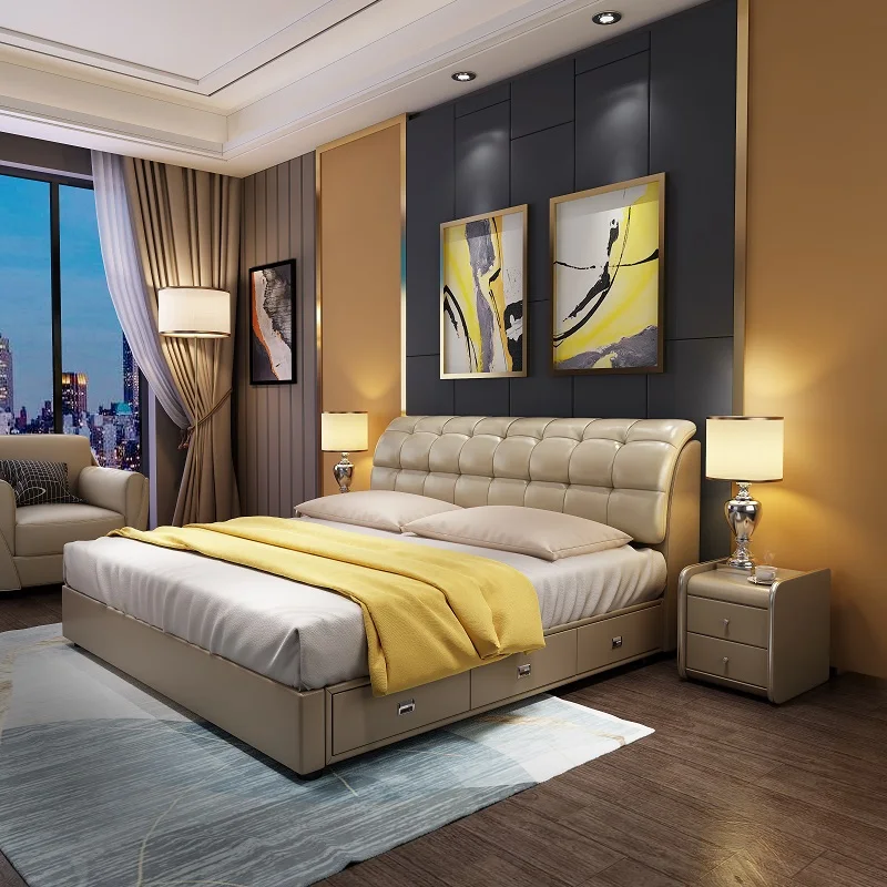 2022 new leather double master bedroom postmodern simple atmosphere luxury contemporary leather bed