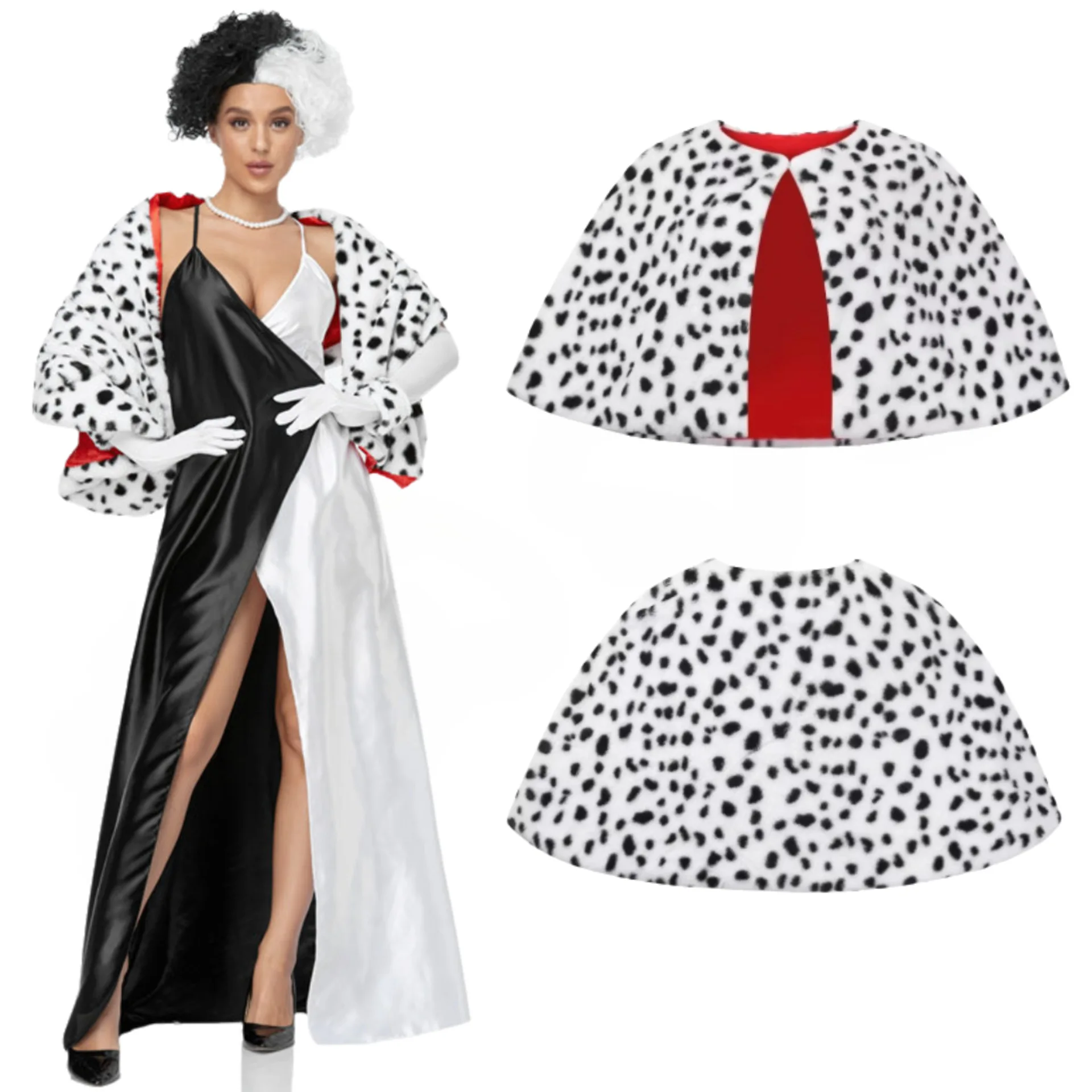 Halloween Party Women Cruella Deville Cosplay Costume Spotted Dog Leopard Scarf 1920s Shawl Red Gloves Necklace Accessories