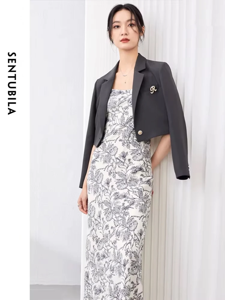 SENTUBILA Cropped Blazer Dress Two Piece Set for Women 2024 Autumn New in Matching Sets Printed Midi Slip Dress Short Jacket