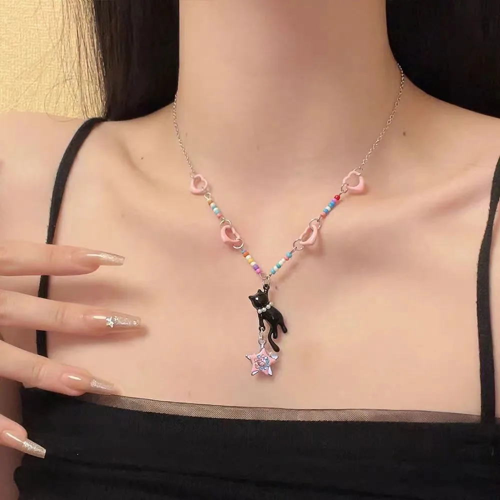 Black Cat Pink Star Beaded Necklace 2025 New Sweet and Cool Hot Girl Style Collarbone Chain Cute and Versatile NecklaceAccessory