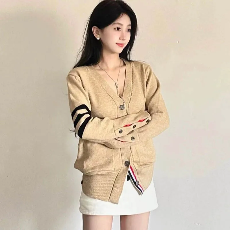 Office Lady Vintage Contrast Style French Fashion Knitted Cardigan Women Winter New Striped V-neck Preppy Style Knitwear Tops