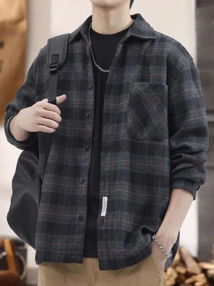 

American Retro Plaid irt Men's High Sensation Cool Loose Thi Long Sve Outerwear Spring Autumn Season Faion Casual Sle
