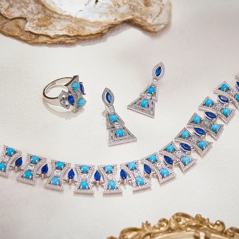 Europe America Ring Earrings Bracelet Necklace Women Lady Inlay Cubic Zircon Synthetic Sapphire Turquoise Party Jewelry Sets