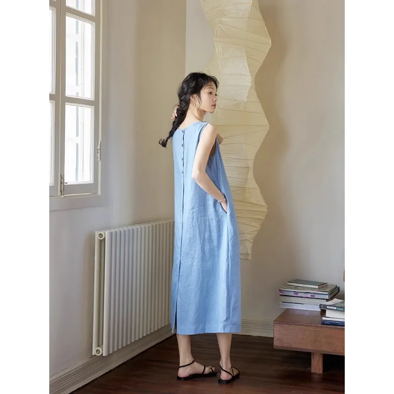 2025年夏新作 フレンチスタイル ベスト リネンワンピース ノースリーブ Oネック 無地 ラッフルヘム Aライン タンク ロングワンピース レディース エレガント N784