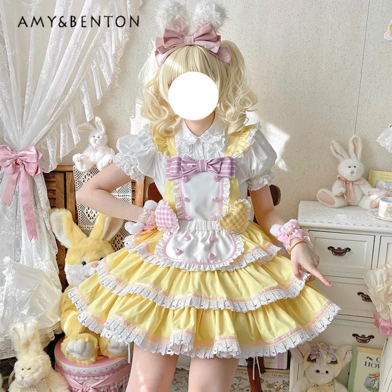 

Lolita Strap Princess Dress Sweet Cute Bow Flying Sleeve Patchwork Color High Waist Slim Strap Puff Birthday Dress for Women