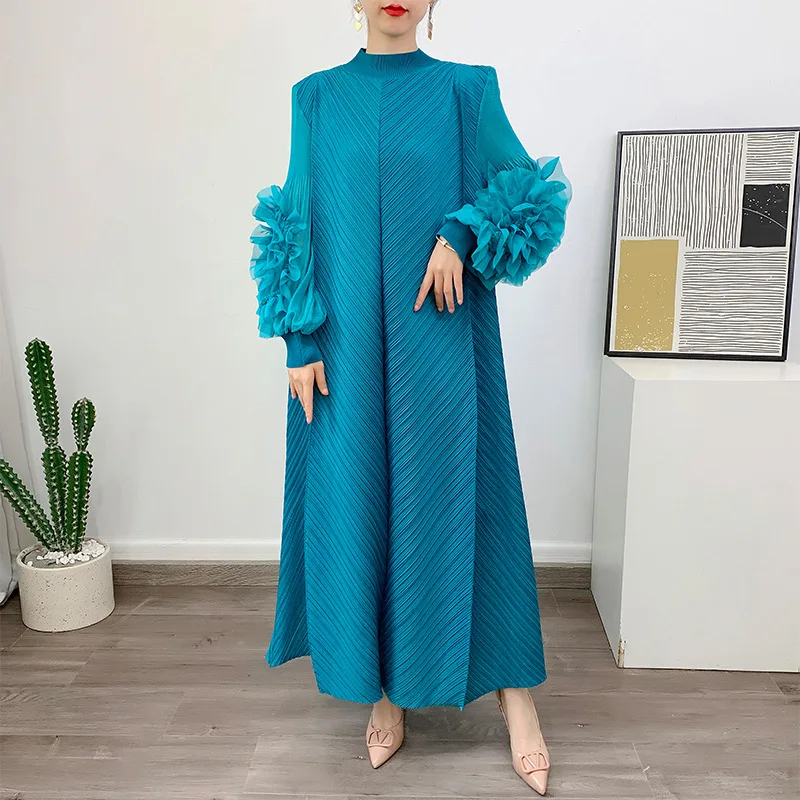 

Autumn New Style Long Sleeve Loose Plus Size Pleated Dress Retro Versatile Casual Long Neck Dress Robe Aesthetic Clothes