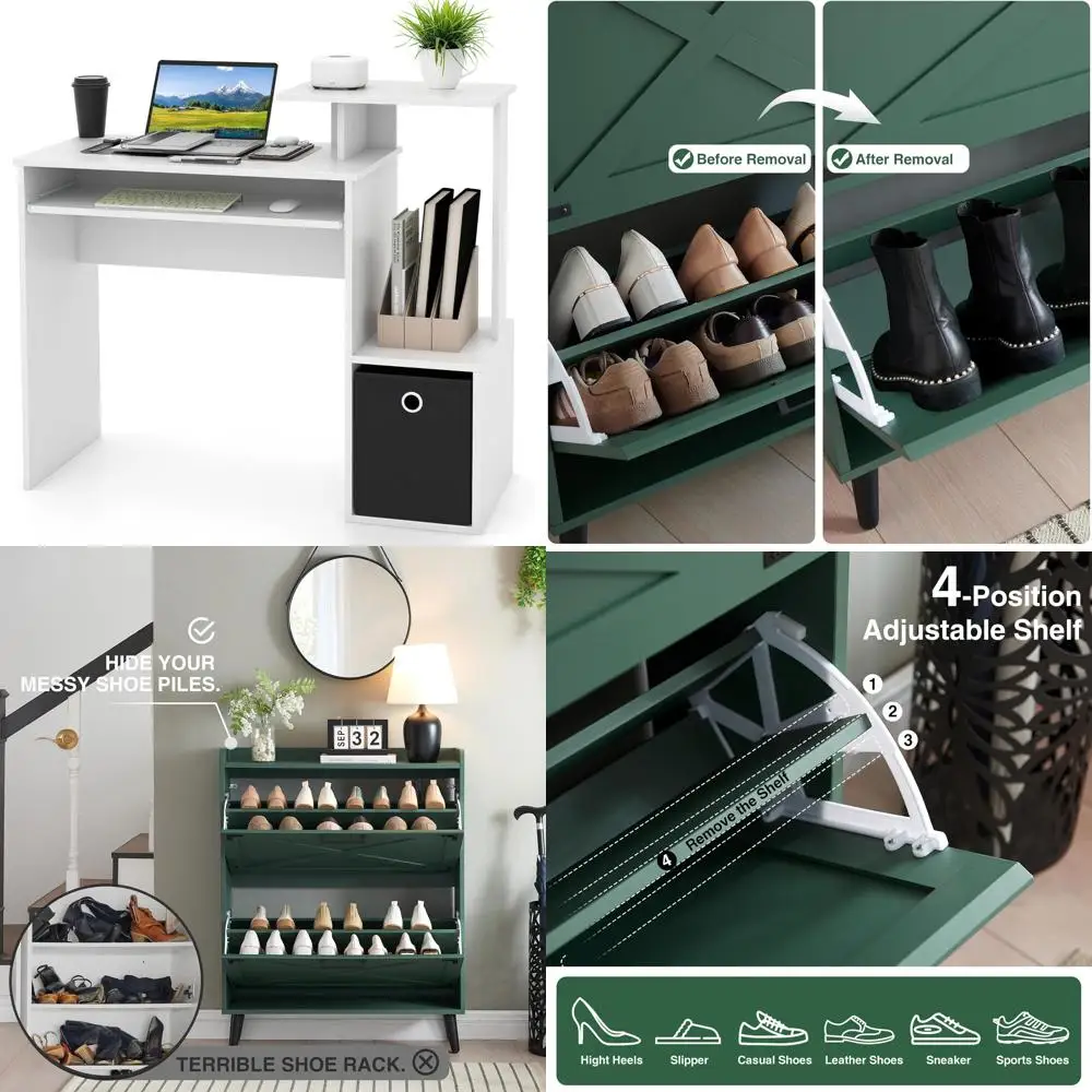 

Modern White Home Office Desk with Drawers, Storage Shelves, and Printer Stand, Suitable for Laptop and Keyboard Tray