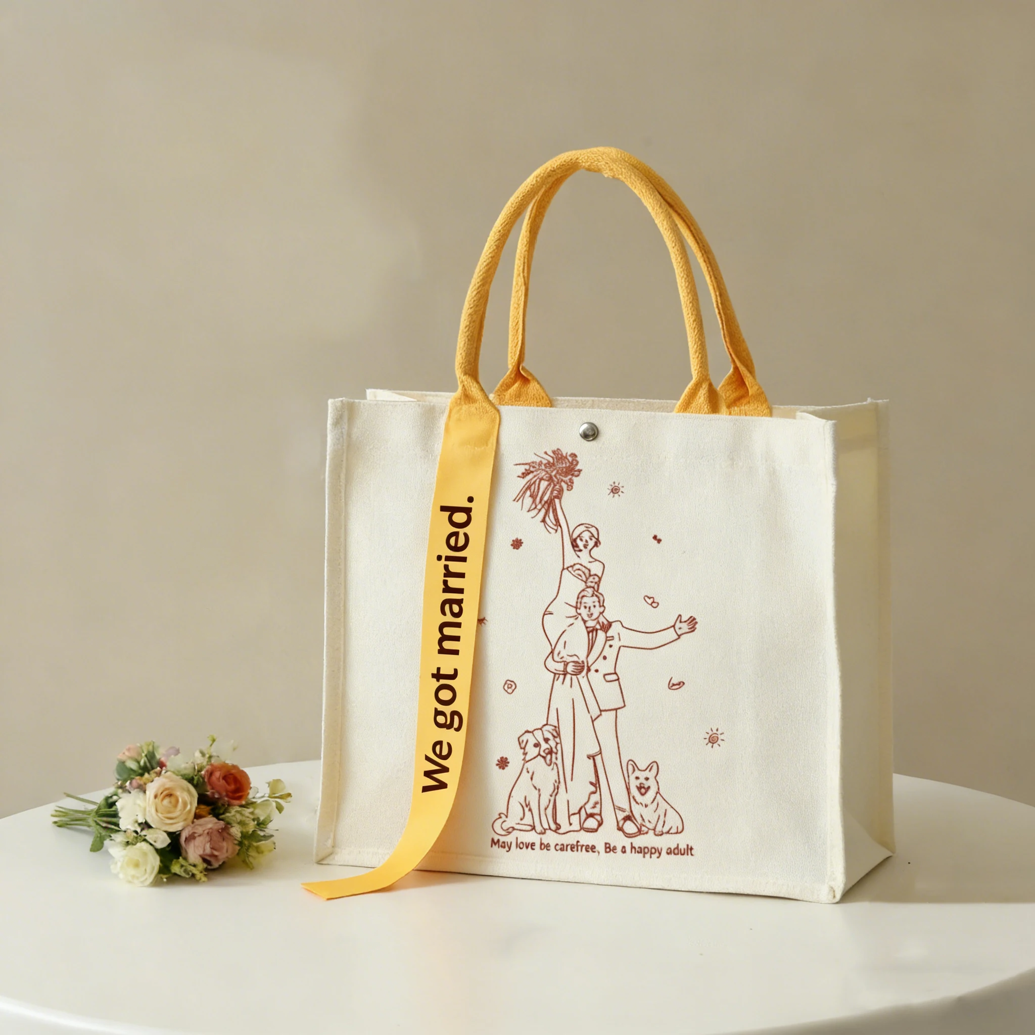 

Custom Structured Canvas Handbag Personalized Logo Text And Design Printing Large Capacity Tote Bag Ideal For Wedding Supplies