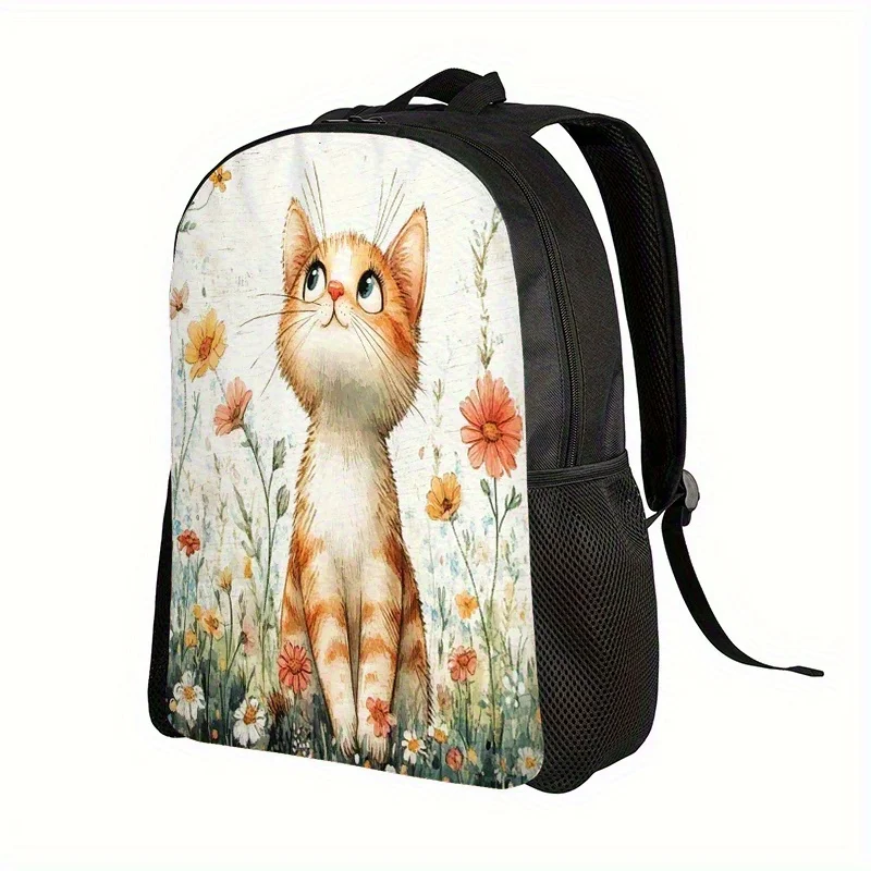 

1 girl cute ginger tabby cat and floral backpack - 2D flat print bag, adjustable shoulder strap, zipper closure