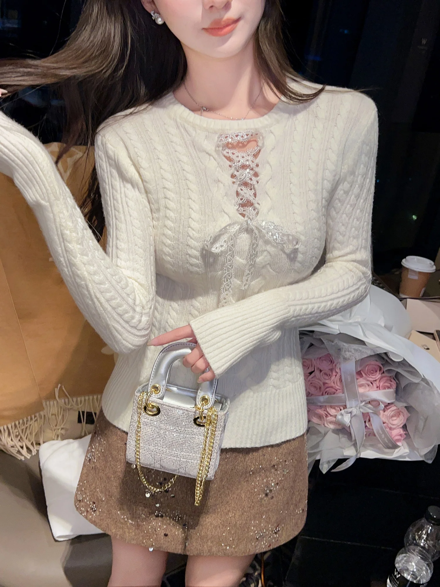 

Женский облегающий свитер с пайетками и перекрестными завязками, модный топ, вязаная кофта с длинными рукавами в стиле Moon Night Sonata French Sle Thi